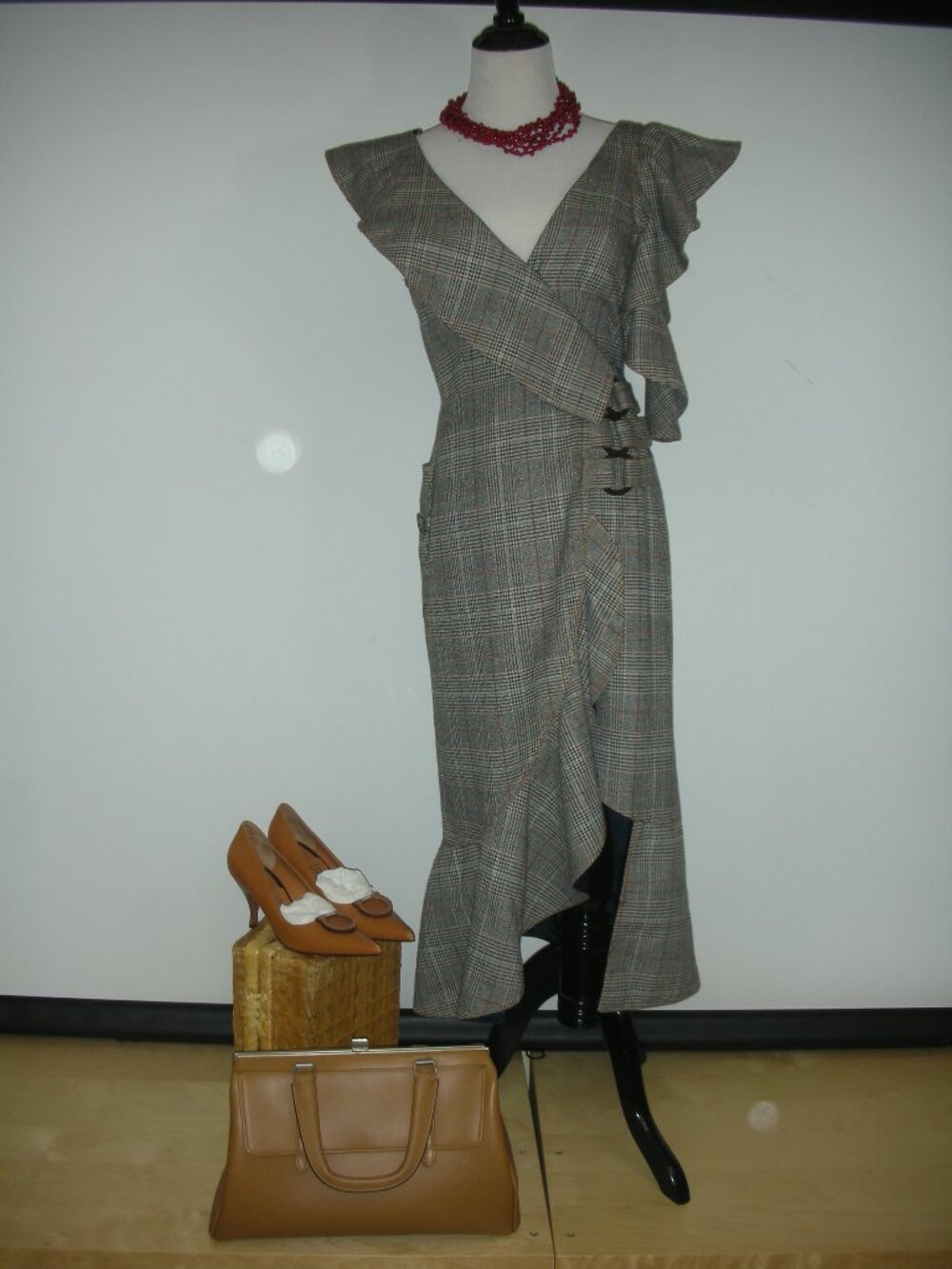 Self-Portrait  Ruffle Dress US 6 Grey Glen Plaid Asymmetrical Wrap dark academia
